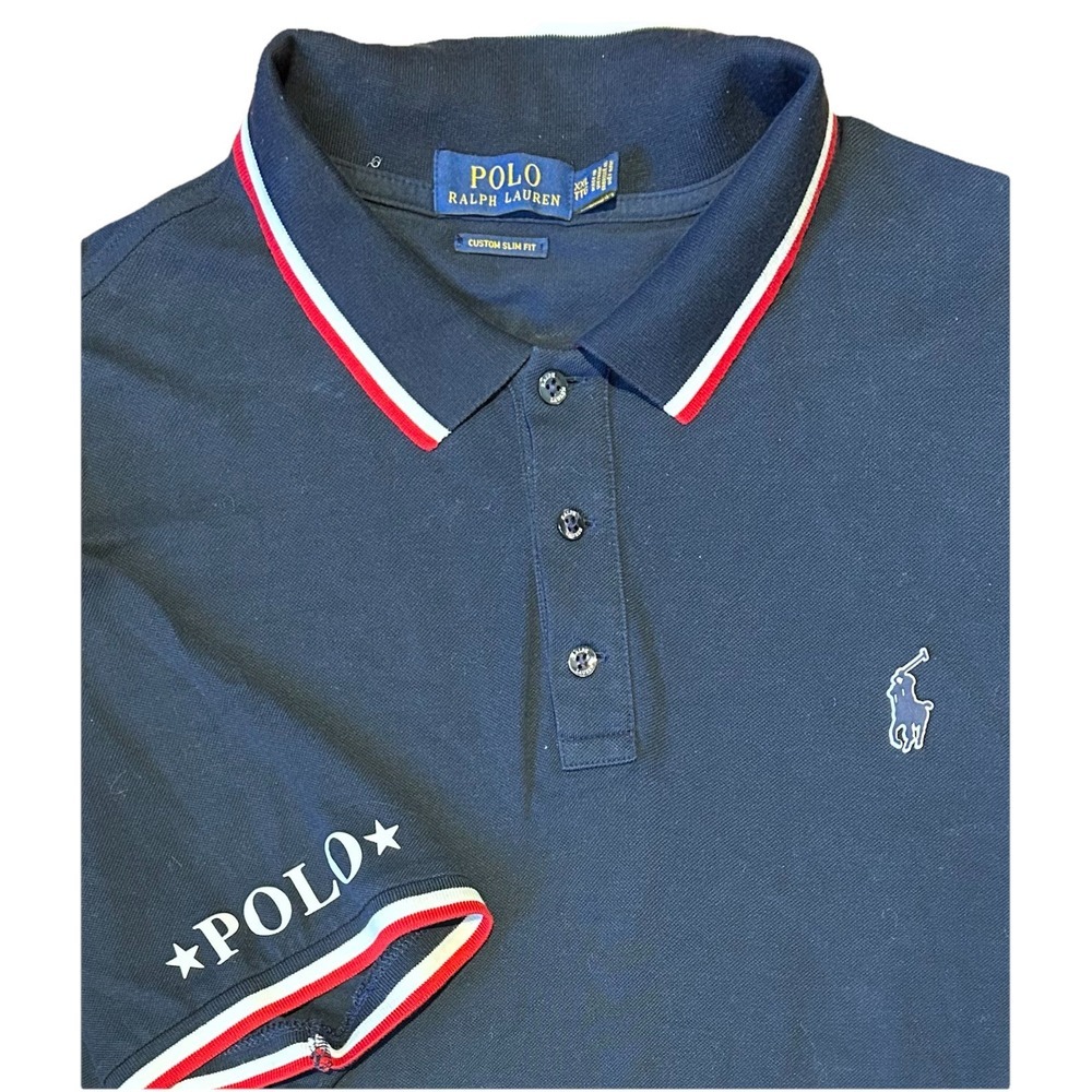 Polo Ralph Lauren‎ Polo Shirt Navy Blue Spell Out Flip Collar Men's 2XL